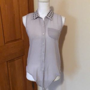 Brass studded sleeveless gray sheer blouse Sz S